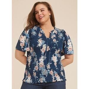 Maurices XL Blue Pink Floral Shirred Smocked Flutter Sleeve Blouse NWT